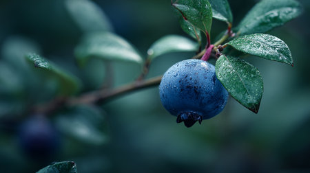 Dew kissed blueberries hang on a branch, a garden treasureの素材
