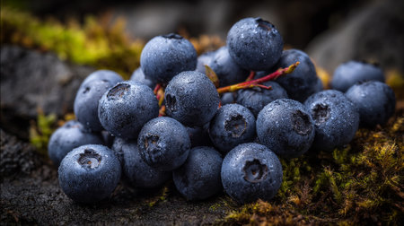 Vibrant blueberries glistens, adorned with water droplets, lying atop lush moss.の素材