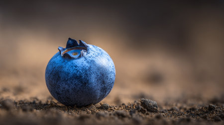 Single ripe blueberry resting on dark soil, macro shot in natural lightの素材
