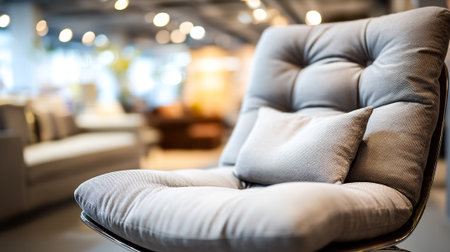 Elegant Gray Armchair with Lumbar Pillow Displayed in Modern Furniture Showroomの素材