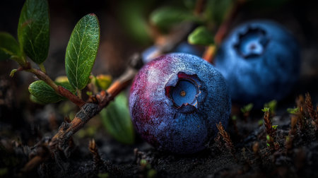 Exquisite Macro Image of Ripe Blueberries Nestled Amongst the Vegetation.の素材
