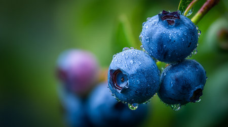Fresh blueberries with water droplets, a tempting treat from the gardenの素材