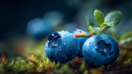 Fresh blueberries with dewdrops on mossy forest floor create inviting nature sceneの素材