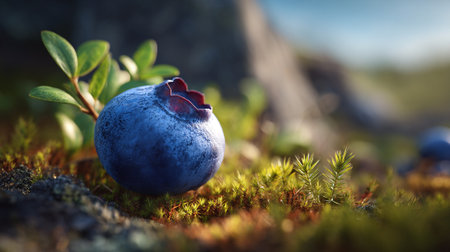 Wild Blueberry Delight: A Natural Gem Among Mossy Greensの素材
