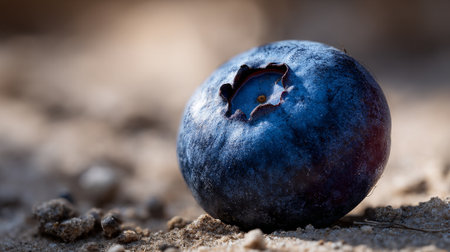 Single blueberry rests upon textured, neutral sandy surface, creating soft diffused light.の素材