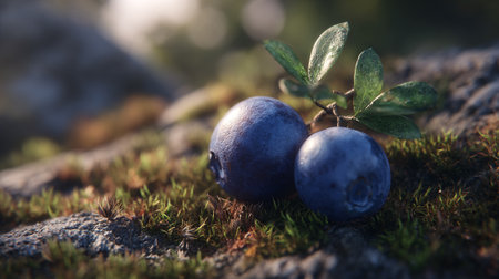 Enchanting Duo of Blueberries Nestled Among Mossy Rock in Nature's Embraceの素材