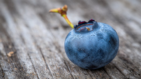 Single blueberry resting delicately on textured wooden surface, creating soft and fresh vibeの素材