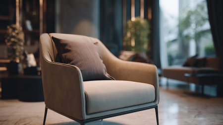 Stylish armchair with pillow in a modern living room setup for luxury.の素材