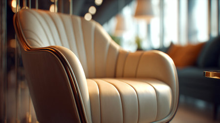 Elegant Cream-Colored Armchair With Subtle Lighting in a Contemporary Interior Designの素材