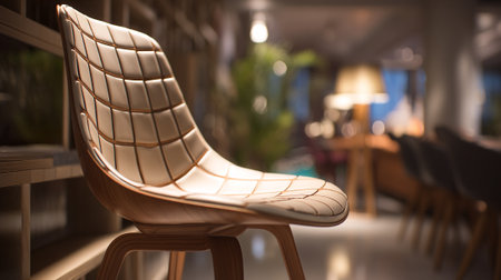 Stylish quilted chair with wooden frame in blurred interior settingの素材