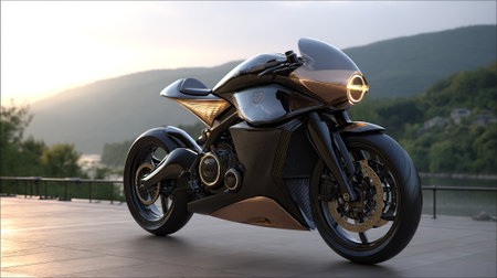 Sleek Black Motorcycle with Glowing Accents on a Balcony with a Viewの素材