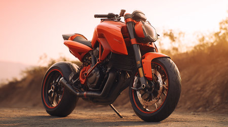 Stylish Orange Motorcycle Parked on a Dirt Road Under Sunset Lightの素材