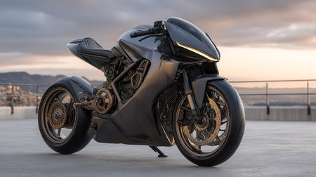 Sleek Carbon Fiber Motorcycle with Gold Accents Against a Sky Backgroundの素材