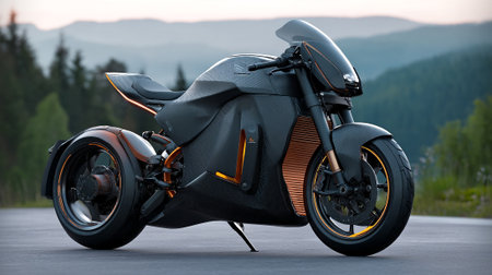 Futuristic Black Motorcycle with Bronze Accents Parked on a Winding Roadの素材