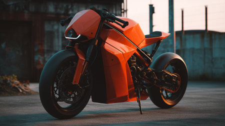 Sleek Orange Motorcycle Parked on Concrete, Modern Styleの素材