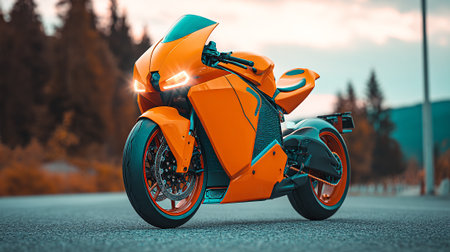Sleek Orange Motorbike Gleaming on Asphalt Against a Natural Landscape Backdrop.の素材
