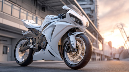 Sleek White s Motorcycle Parked Near Urban Structures during Golden Hourの素材