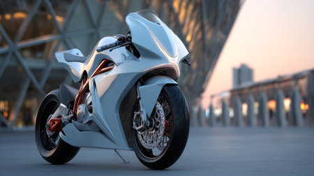 Sleek White Motorcycle Against Urban Backdrop with Steel Structure Architectureの素材
