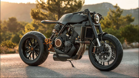 Sleek Custom Motorcycle Design Parked Outdoors on the Asphalt Roadの素材