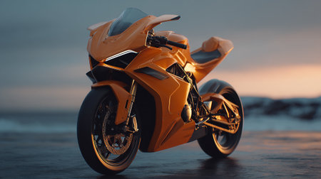 Sleek Orange Motorcycle Captures Speed and Style against a Dramatic Sky Backdropの素材