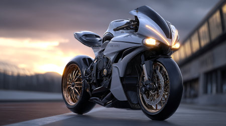Sleek futuristic motorcycle with golden rims parked against a picturesque sunset backdrop.の素材