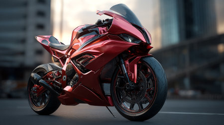 Sleek, red s motorcycle showcases power and style against a city backdropの素材