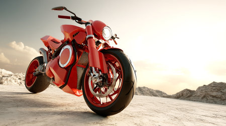 Striking Red Motorcycle on a Desert Landscape at Sunset: A Powerful Machineの素材