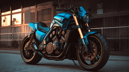 Stylish Blue Motorcycle Parked on Cobblestone Street with Industrial Building Backdropの素材