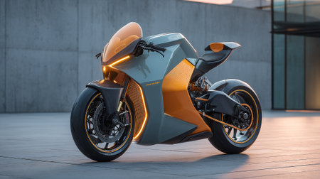 Futuristic Electric Motorcycle with Sleek Design and Glowing Accents on Modern Architectureの素材