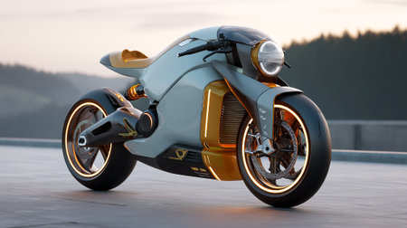 Sleek futuristic motorcycle with integrated neon lighting standing on a concrete surface.の素材