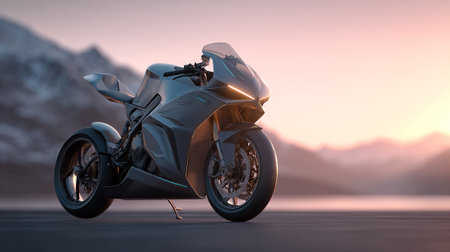 Sleek Modern Motorcycle Design Against Soft Sunrise: A High-Performance Machineの素材