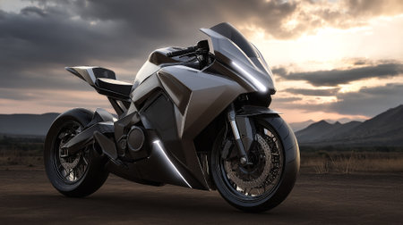 Sleek futuristic motorcycle parked on a rural road under dramatic skyの素材