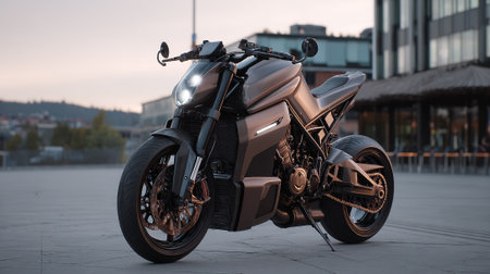 Sleek Modern Motorcycle on a City Plaza with an Impressive Designの素材