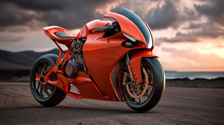 Sleek and Powerful: A Vibrant Orange Motorcycle Against Dramatic Twilight Skiesの素材