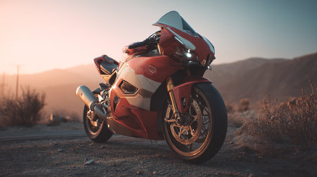 Stylish Red Motorcycle Poised for Adventure on a Desert Road at Sunriseの素材