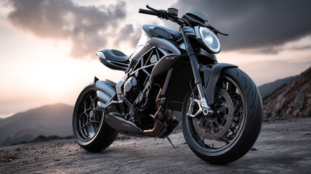 Modern Motorcycle on Rugged Terrain with Dramatic Sky in the Backgroundの素材