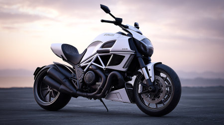 Powerful Ducati Motorcycle: A Sleek Modern Design Against a Serene Horizonの素材