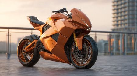 Modern Copper Motorcycle Parked Outdoors With a Cityscape Background in the Distanceの素材