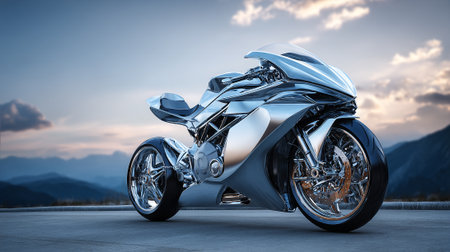 Sleek Chrome Motorcycle Against a Stunning Mountain Backdrop at Duskの素材