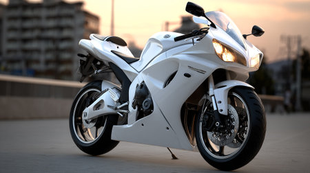 Sleek White Yamaha Motorcycle Displayed Elegantly Against an Urban Sunset Backdropの素材