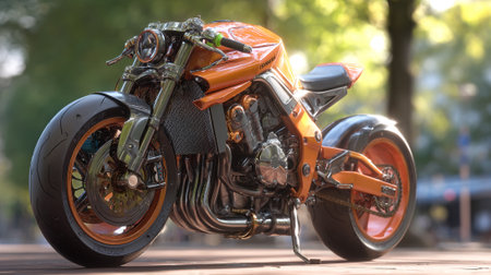 Sleek Orange Custom Motorcycle Standing Proudly in Natural Outdoor Lightingの素材