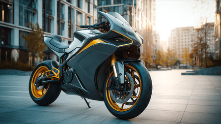 Sleek Black and Gold Motorcycle Parked Elegantly in a Cityscape Sceneの素材