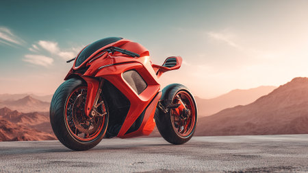 Sleek Red Motorcycle Showcasing Modern Design against a Mountainous Backdrop at Sunsetの素材