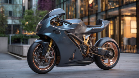 Stunning Custom Motorcycle with Carbon Fiber and Copper Detailing in Urban Settingの素材