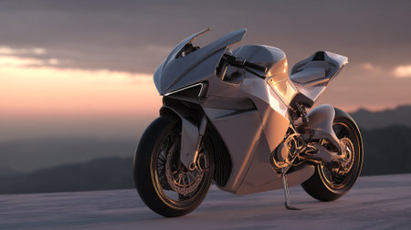 Sleek Silver Superbike: Modern Motorcycle Design Against a Dramatic Sunset Landscapeの素材