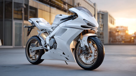 Sleek White s Motorcycle Displayed in an Urban Setting at Sunsetの素材