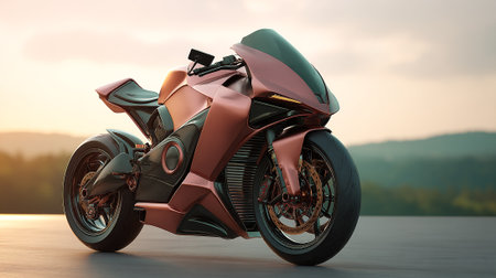 Sleek Rose Gold Motorcycle: A Fusion of Futuristic Design and Natural Beauty.の素材