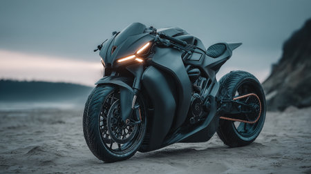 Sleek Modern Motorcycle on Sandy Beach: A Study in Automotive Designの素材