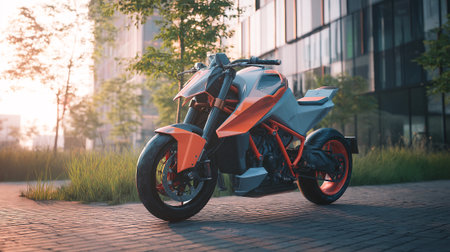 Striking Orange and Grey Motorcycle Parked on a Brick Pathway Near Modern Buildingの素材