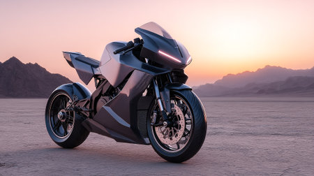 Futuristic  motorcycle resting on dry lakebed during golden hour at sunset.の素材
